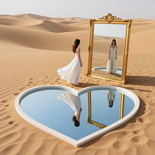 A woman in a flowing white dress stands in a heart-shaped mirror pool, reflecting in an ornate golden mirror, against a desert landscape. Digital art