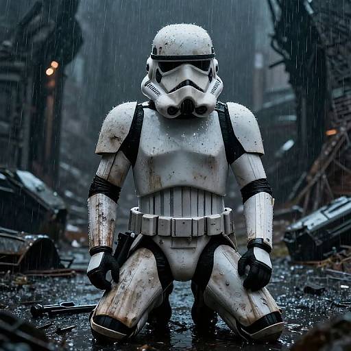 Photorealistic digital art of a rain-soaked, white Stormtrooper kneeling in a ruined, dark urban alley with debris and raindrops.