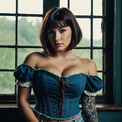 Tattooed Woman in Denim Corset