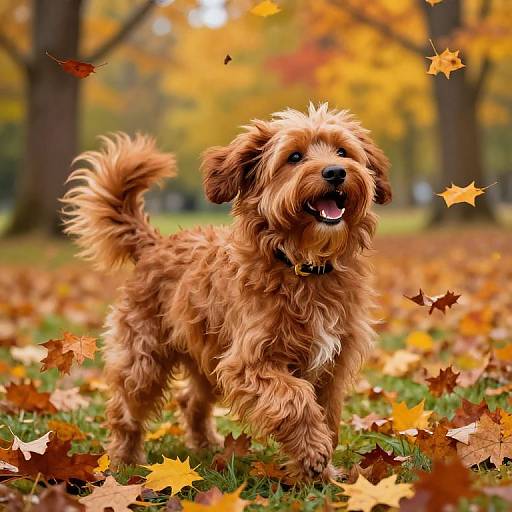 Photograph of a fluffy, brown, curly-coated puppy standing in a grassy autumn park, surrounded by falling orange and yellow leaves, with a