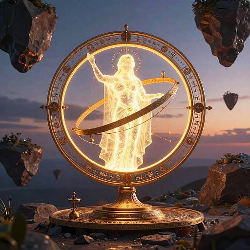 Oracular Astrolabe with Luminous Being at Dusk
