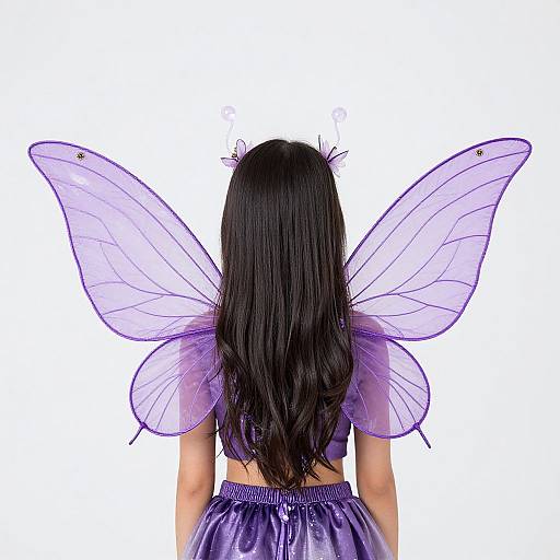 Photograph of a girl with long black hair, wearing translucent purple fairy wings and a shiny purple dress, viewed from behind against a white background.