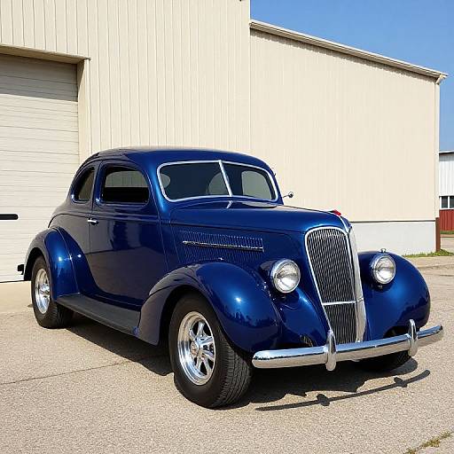 Photograph of a shiny, dark blue classic vintage sedan with chrome grille, round headlights, and polished silver wheels, parked in front of a beige industrial