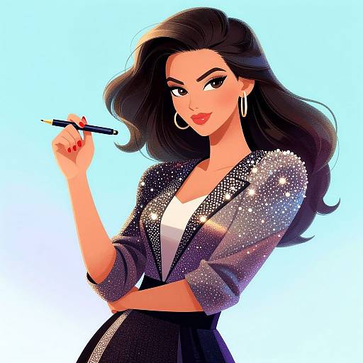 Digital illustration of a confident woman with long black hair, wearing a sparkly jacket, white top, and black skirt, holding a makeup brush, against