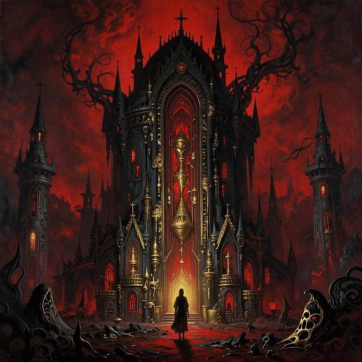 Digital artwork of a dark, gothic cathedral with glowing red windows, twisted black trees, and a lone figure silhouetted in front, under