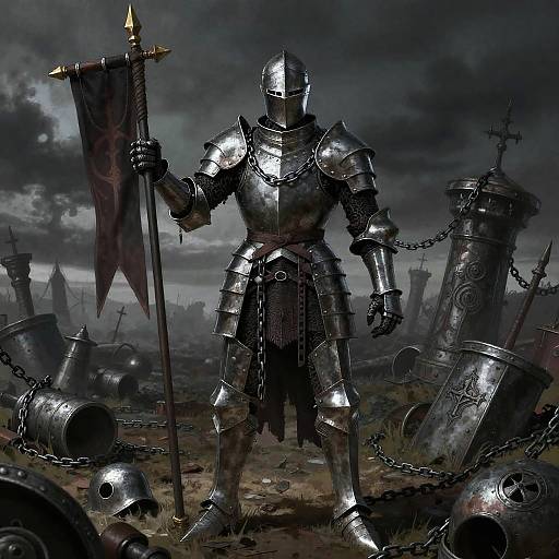 Digital painting of a shining, armored knight with a sword and banner, standing in a dark, stormy, battlefield with overturned, chained iron cages and