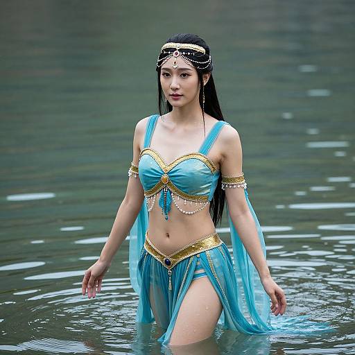 Photograph of an Asian woman with long black hair, wearing a blue and gold belly dancer outfit, standing in water, adorned with a jeweled head