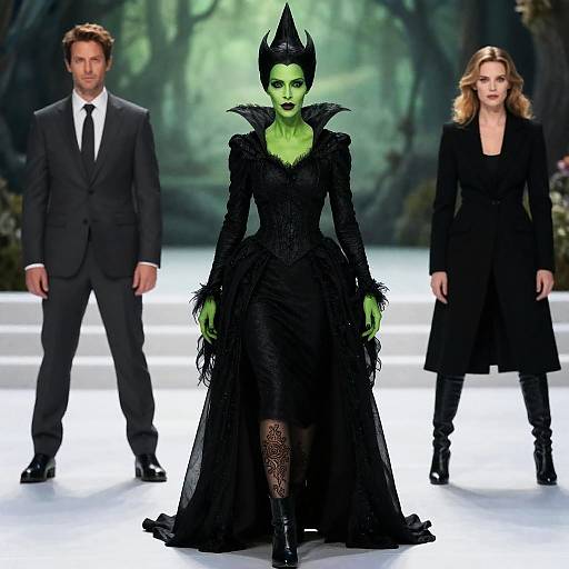 Photograph of a green-skinned woman with black, gothic dress and horned headpiece, flanked by a man in a suit and a