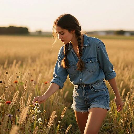 Young Woman Picking Wildflowers in Golden Field