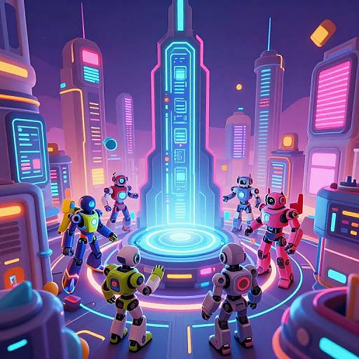 Neon-lit cybercity battle scene with seven colorful, robotic warriors standing in a circular formation around a glowing central platform. Digital art style.