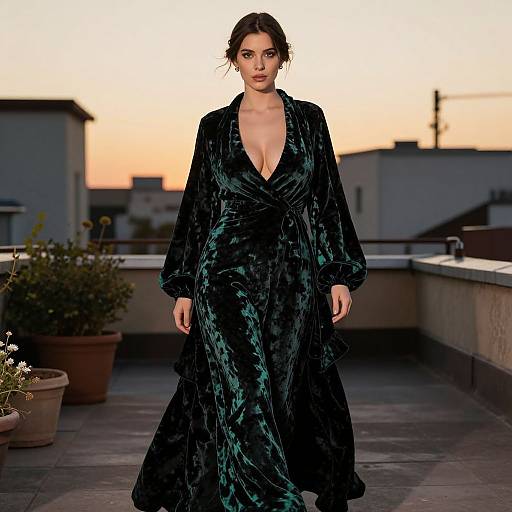 Photograph of a tall, dark-haired woman in a deep green, velvet, V-neck gown, walking on a rooftop at sunset, with potted