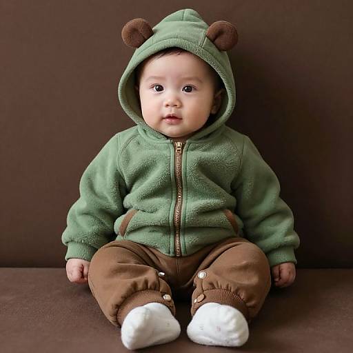Photograph of a baby with light skin, wearing a green bear-hooded fleece jacket, brown pants, and white socks, sitting against a dark