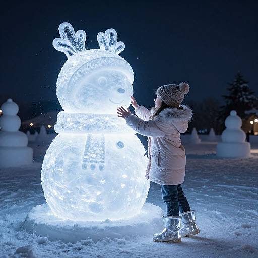 Photograph of a child in a white parka and hat touching a glowing, illuminated snowman sculpture at night in a snowy park.