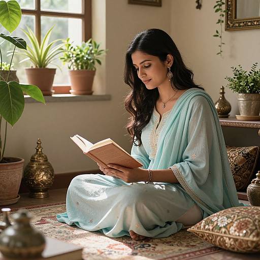 Photograph of a serene Indian woman with long black hair, wearing a light blue saree, sitting cross-legged on a patterned rug, reading a