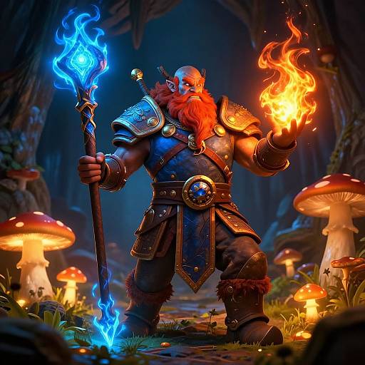 Digitally painted fantasy scene: muscular, red-bearded warrior with glowing blue flame in left hand and orange flame in right, standing among glowing mushrooms in