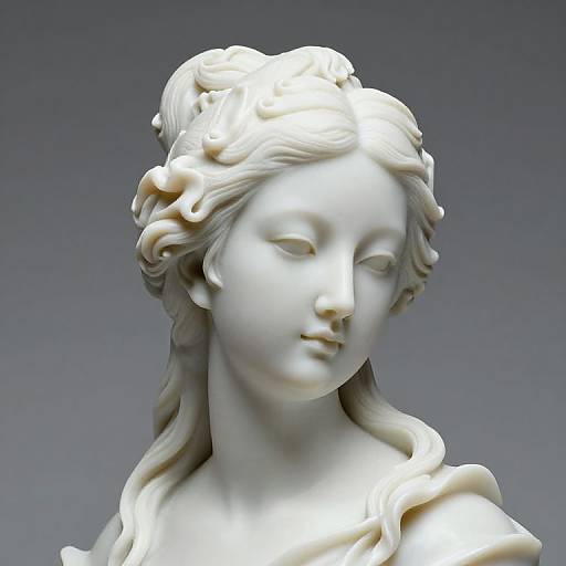 Photograph of a delicate white marble sculpture depicting a serene, closed-eyed woman with flowing hair and gentle facial features against a gradient gray background.