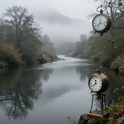 Photograph of two vintage clock faces hanging by a misty river, surrounded by foggy, leafless trees, reflecting in the calm water.