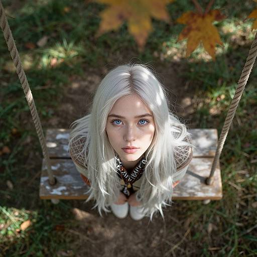 Photograph of a young woman with long, white hair, blue eyes, and fair skin, sitting on a wooden swing in a forest, looking up