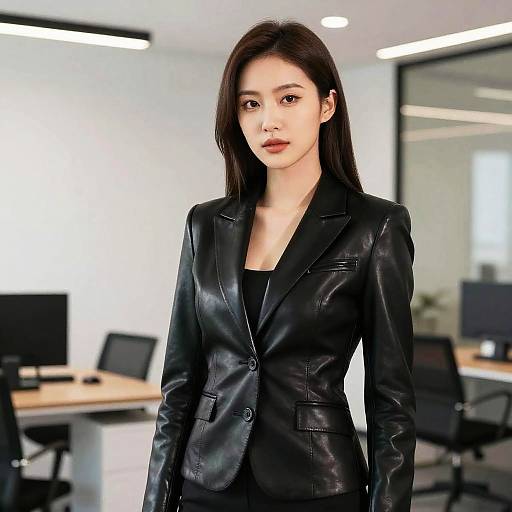 Confident Businesswoman in Leather Jacket