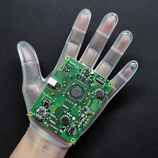 Photograph of a transparent plastic glove with a green circuit board and electronic components embedded on the palm and fingers. Black background.