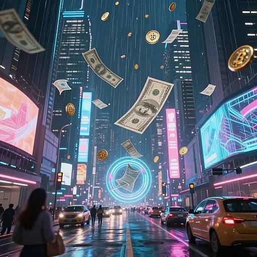 Digital artwork of a neon-lit, rainy urban street with floating money and coins, surrounded by colorful billboards, cars, and people.