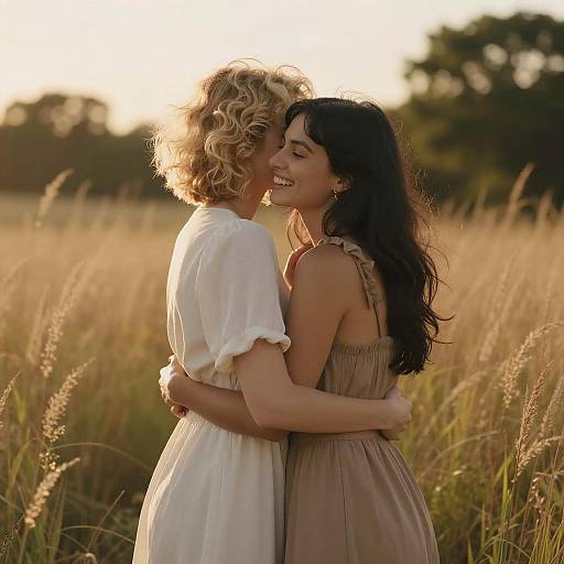 Photograph of two women, one with curly blonde hair in a white dress, the other with long black hair in a beige dress, embracing and smiling
