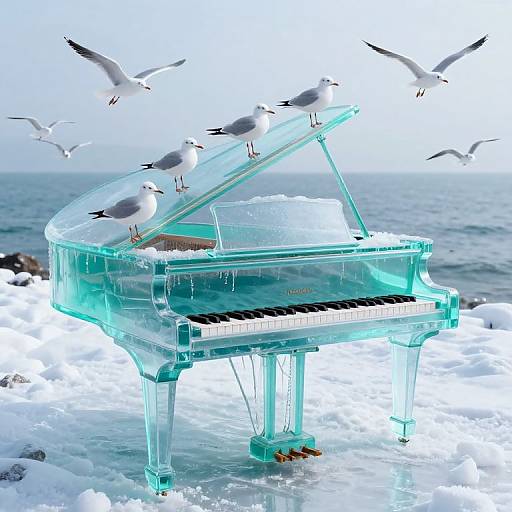 Photograph of a transparent turquoise grand piano on snowy beach, with seagulls perched and flying above, ocean in background.