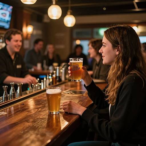 Photograph of a woman with long brown hair in a black jacket, holding a pint of amber beer at a dimly lit bar, with blurred patrons