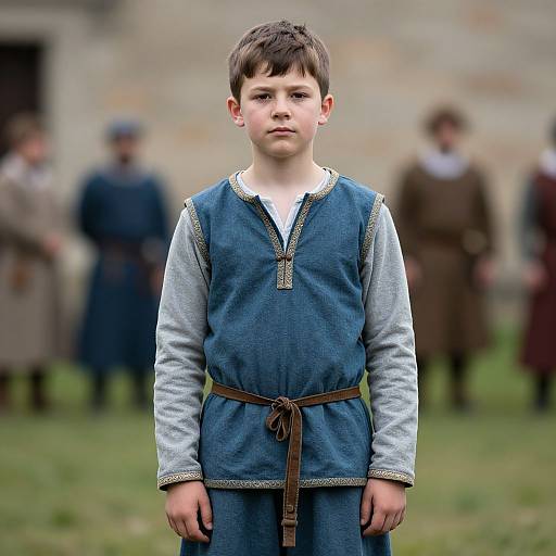 Photograph of a young boy in medieval-style blue tunic with gray sleeves and brown belt, standing on grassy field, blurred adults in background.