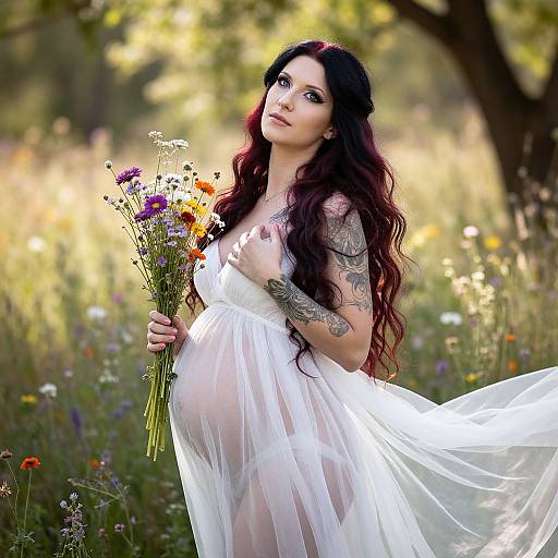 Pregnant woman with long, dark hair, tattoos, and white sheer dress holding colorful flowers in a sunlit, blooming meadow. Phot