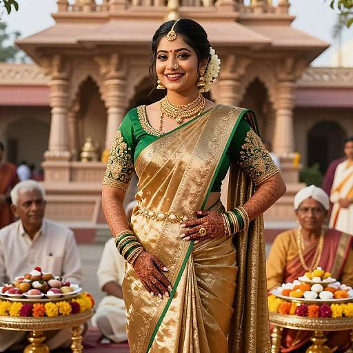 Photograph of a smiling Indian bride in a gold and green saree, adorned with jewelry, standing in front of a temple, with floral offerings and