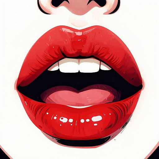Close-up digital illustration of a woman's open mouth with vivid, glossy red lips, white teeth, and partial nose, against a white background.