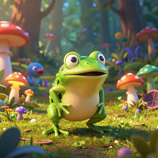CGI image of a cartoon green frog with wide eyes, standing on grassy forest floor, surrounded by colorful mushrooms in a whimsical, sunlit