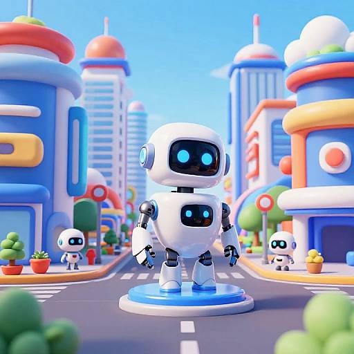 CGI image of a white, robotic figure with glowing blue eyes standing in a colorful, cartoonish cityscape with other small robots.