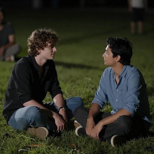 Two Men on Grass Under Spotlight