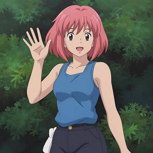 Anime-style digital drawing of a pink-haired girl with short hair, wearing a blue tank top and dark pants, waving with a cheerful expression against a dark