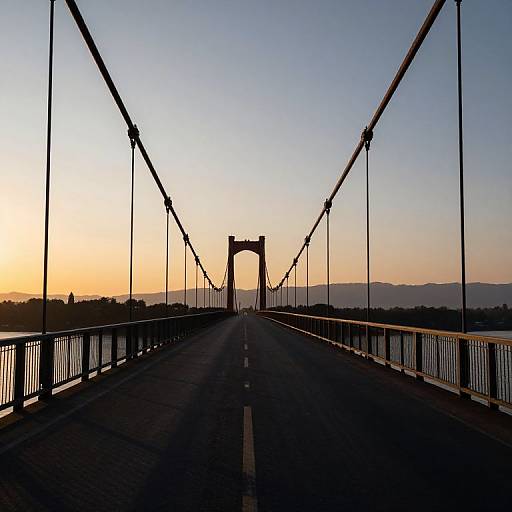 Photograph of a suspension bridge at sunset, with silhouetted cables, a central arch, and a gradient sky from yellow to blue.