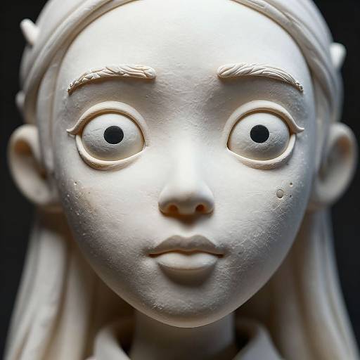 Close-up photograph of a white, marble-like, exaggeratedly wide-eyed, female statue with smooth texture, small mole on cheek, and detailed eyebrows.