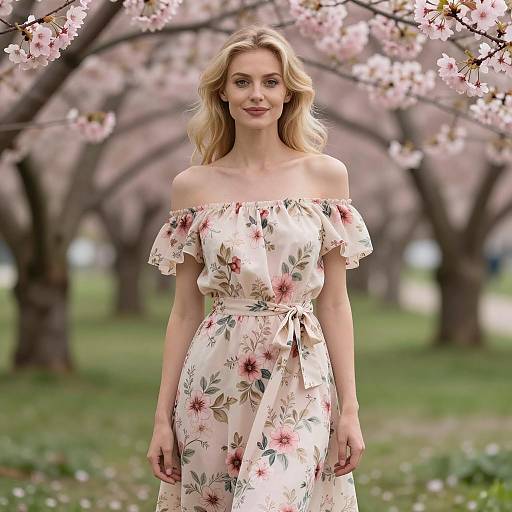 Blonde Woman in Floral Off-Shoulder Dress Among Cherry Blossoms