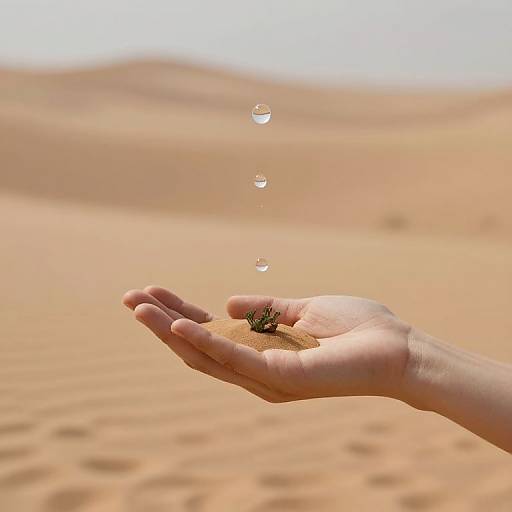 Photograph of a hand cupping sand with a small ant, with three water droplets falling from above, in a sandy desert.