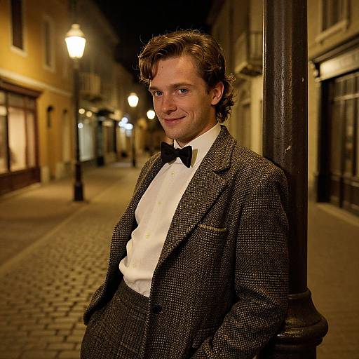 Photograph of a smiling man in a black bow tie, white shirt, and textured gray suit, leaning against a streetlamp on a cobblestone