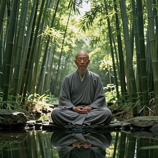 Photograph of an elderly bald Asian man with a beard, wearing a gray robe, sitting cross-legged by a bamboo forest stream, reflecting in the water
