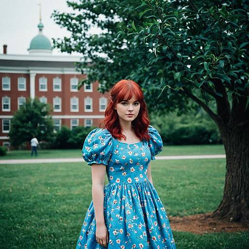 Young Woman in Blue Floral Dress Outdoors