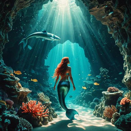 Mystical Mermaid in Sunlit Underwater Cavern