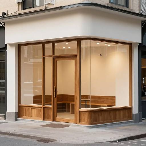 Photograph of a modern café with large wooden-framed glass windows, white walls, and wooden benches inside, situated on a city street corner.