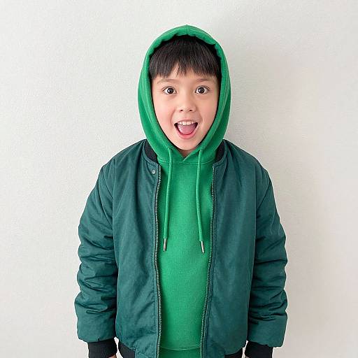 Photograph of a young Asian boy with short black hair, wide eyes, and open mouth, wearing a green hoodie and green jacket, standing against a