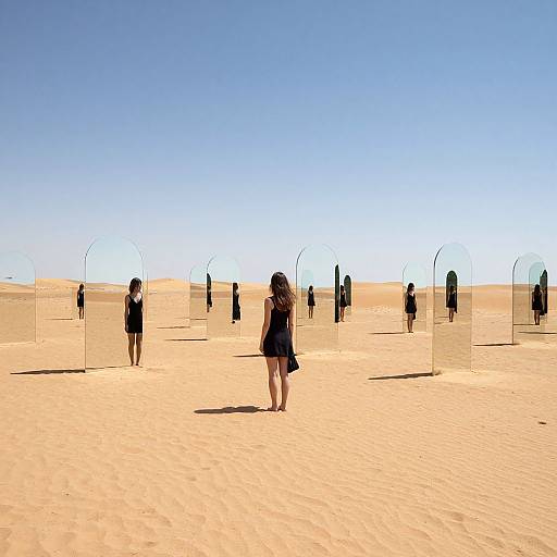 Photograph of a sunny desert scene with clear blue sky. Silhouetted people, including a woman in a black dress, walk through a sandy