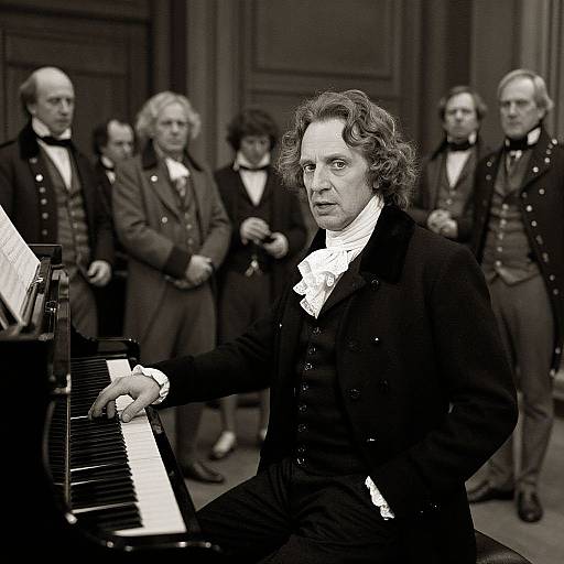 Black-and-white photograph of a curly-haired man in 18th-century attire playing a grand piano, surrounded by six men in similar period clothing, standing