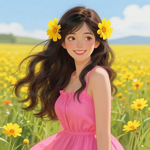 Digital art of a smiling Asian girl with long black hair, yellow flower headpieces, wearing a pink dress, standing in a bright yellow sunflower field