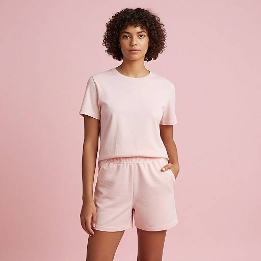 Photograph of a young Black woman with curly hair, wearing a white short-sleeve t-shirt and pink shorts, standing against a solid pink background